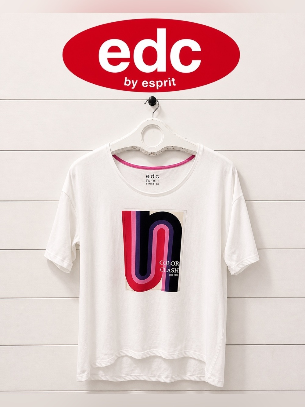 EDC ESPRIT White Graphic T-Shirt Color Clash Print Size S